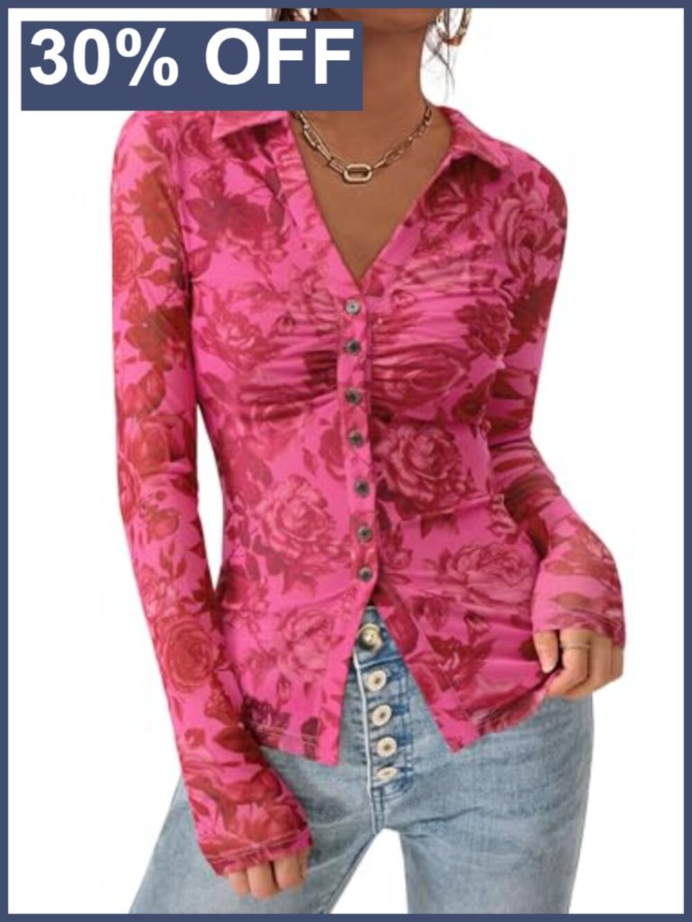 Women's Floral Mesh Button Down Blouse V-Neck Long Sleeve Going Out Top